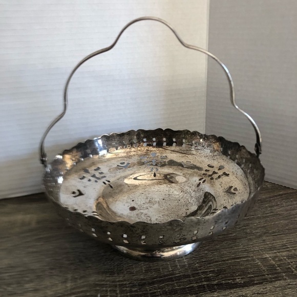 Vtg Silver Decorative Basket with Handle and Etched Design - Picture 2 of 13